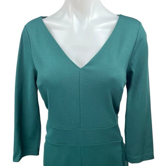 Ann Taylor Blue Green V-Neck 3/4 Sleeve Knee Length Ponte Knit Sheath Dress 4 - Picture 3 of 5
